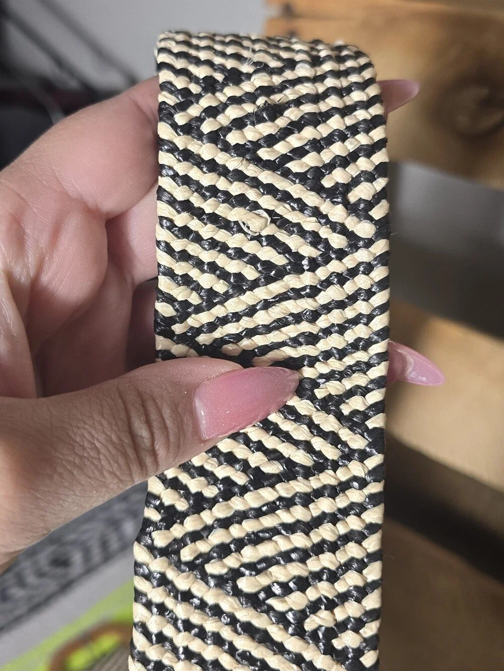 Woven Black & Cream Belt with Rattan Buckle
